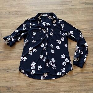 Express The Portofino Shirt Navy Blue Floral Roll Tab Sleeve Blouse Small